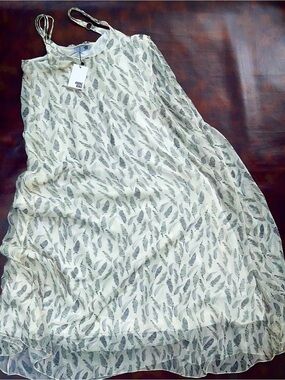 Anine Bing NWT Feather Print Tank Maxi Dress Hi-Lo Olive/Gray Lined Airy XS/SM